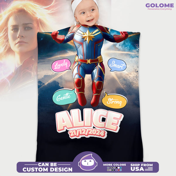 Personalized Baby Superhero Blanket – Captain Girl Style | Custom Name, Date & Galaxy Background